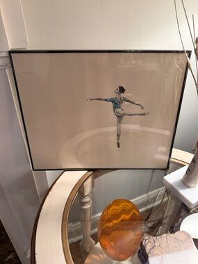 Framed Minimalist Ballerina Print in Soft Teal and Gray Sketch